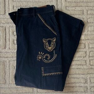 Johnny Was Dark Cargo Blue Jeans with  Patch detail